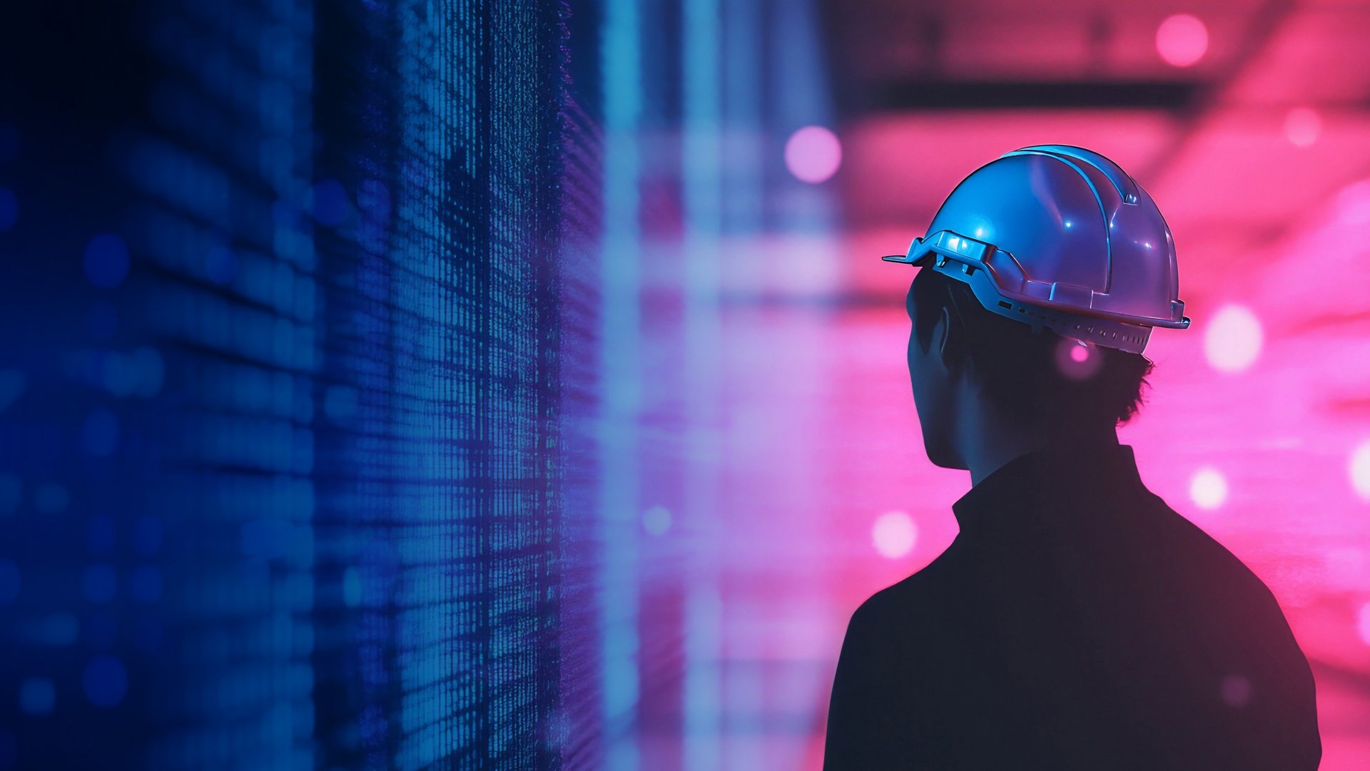 A silhouette facing a glowing digital neon wall with blue and pink lights in a futuristic setting