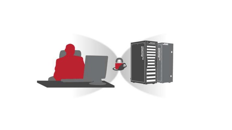 Concepto gráfico que muestra a un ingeniero sentado delante de una computadora mientras monitorea la red para un centro de datos industrial