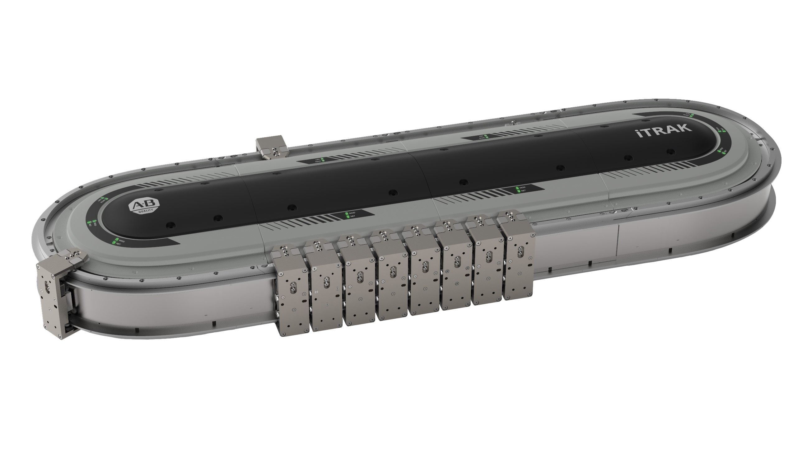 Una vista laterale di un sistema di movimentazione intelligente iTRAK 5730 grigio e nero con una fila di otto carrelli sulla parte anteriore e un’altra fila di carrelli sull’altro lato della guida ovale.