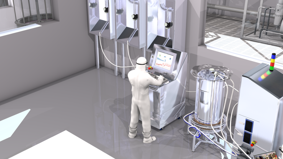 Closeup of worker in Bioreactor room in Life Sciences Interactive demo working on screen with analytics