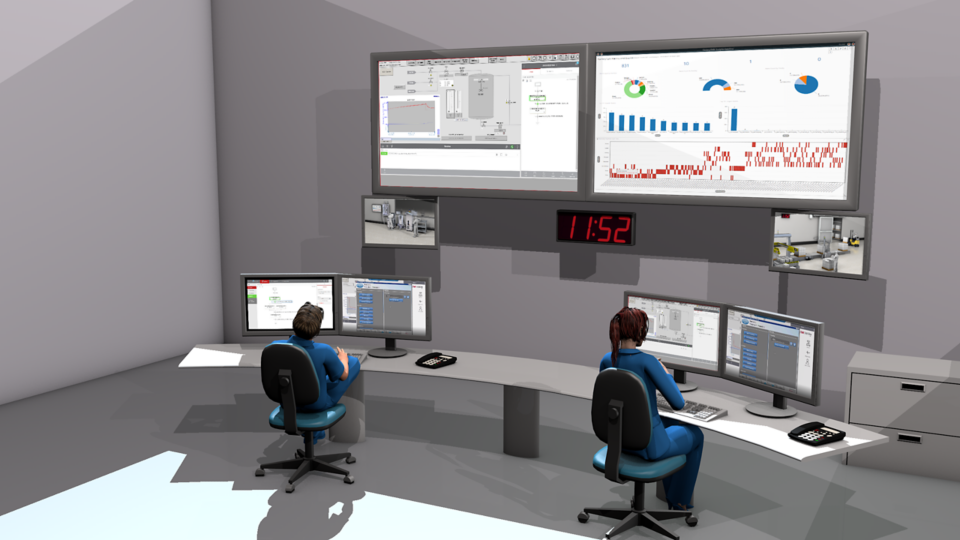 Closeup of control room in Life Sciences Interactive demo with 2 people monitoring factory analytics