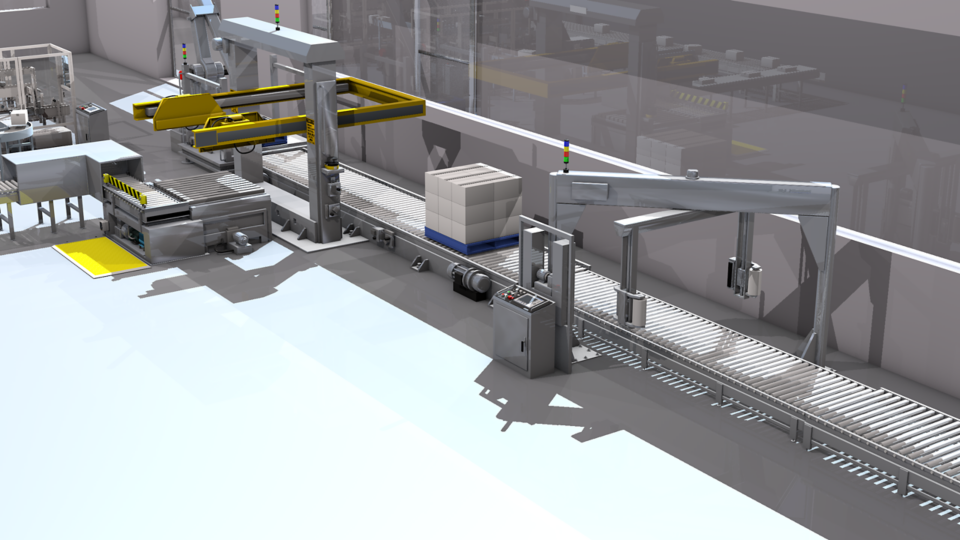 Packing room in Life Sciences Interactive demo  with 1 worker in PPE monitoring machines