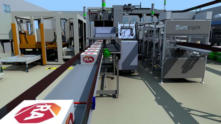 Modélisation 3D d’un système de convoyage transportant des cartons d’emballage Rockwell Automation