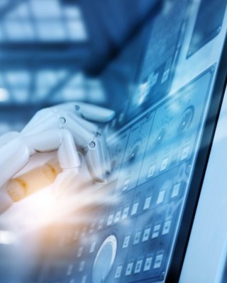 Hand robot working on control panel in intelligent factory industrial monitoring system software. Check and control automation robot arms machine. Robotics and digital manufacturing operation system