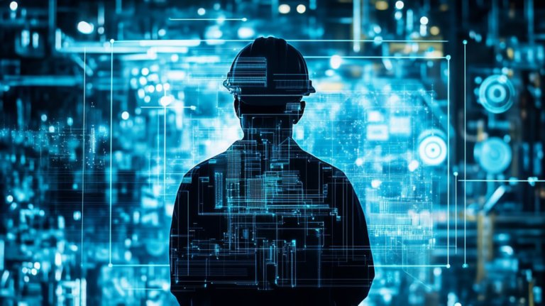 photo illustration concept of person wearing hard hat with digital graphics overlaid