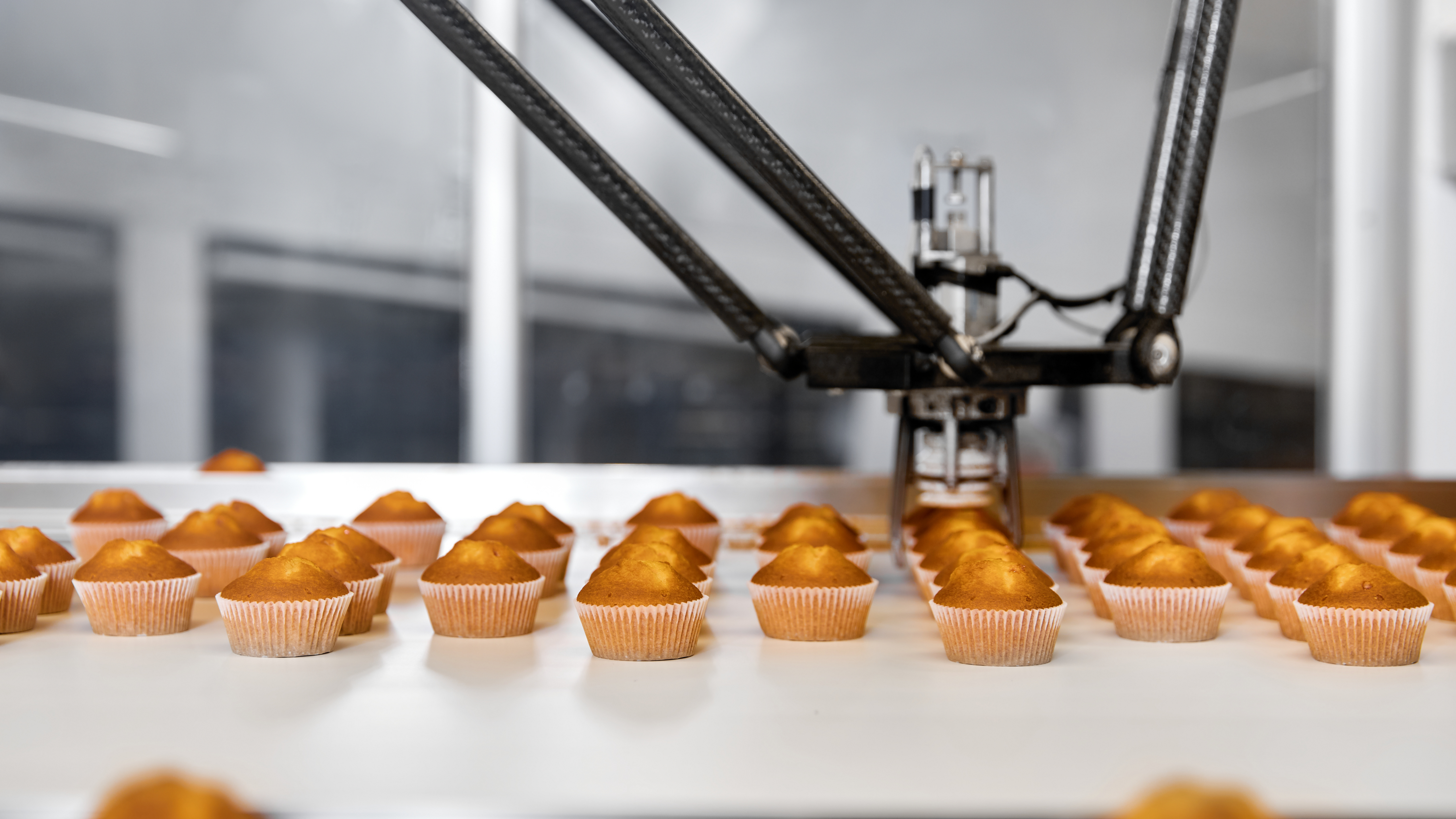 Robotic arm handling freshly baked muffins on an automated food production line