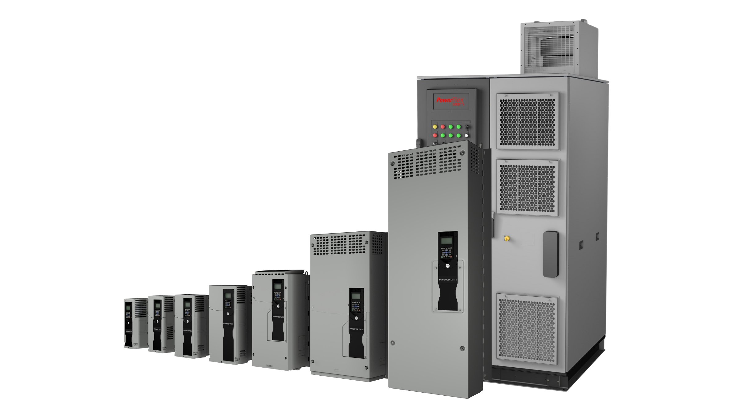 A row of gray and black PowerFlex drives of sizes, Looks like gray boxes.