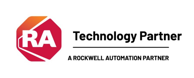 Logotipo laranja e vermelho em octógono da RA e logotipo do parceiro tecnológico