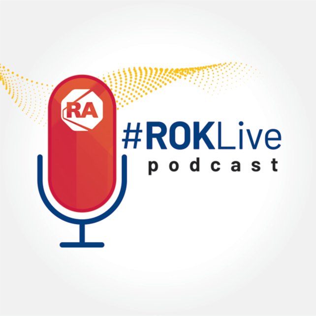 ROKLive podcast red microphone on blue stand with RA logo at the top and yellow transparent swirl in background