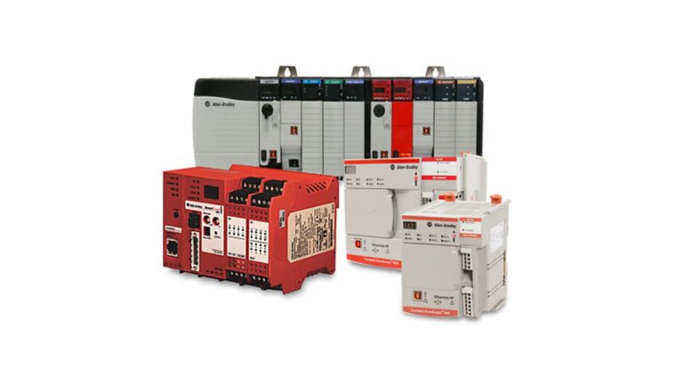 Un collage contenant deux automates gris Compact GuardLogix sur la droite, une pile horizontale de modules d’E/S de sécurité compacts rouges sur la gauche, ainsi qu’un châssis avec des modules de commande et un module de sécurité rouge en arrière-plan.
