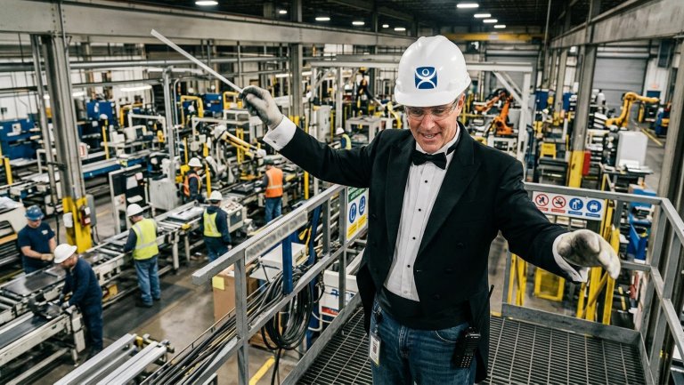 Man wearing ThinManager safety helmet in a factory, pretending to be in the orchestra