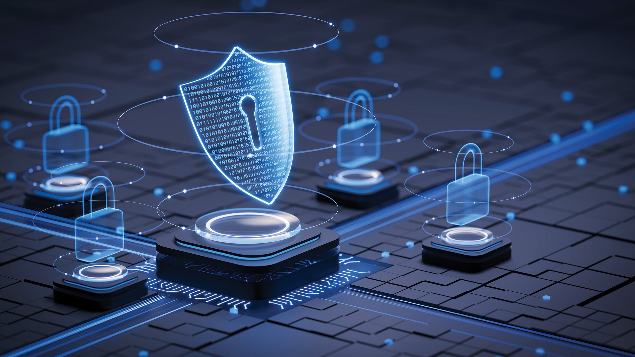 Abstract concept of cybersecurity data firewall, encrypted network, VPN, secure access and authentication on blue background.