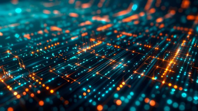 Abstract digital data network background featuring interconnected nodes and flowing lines in a modern design