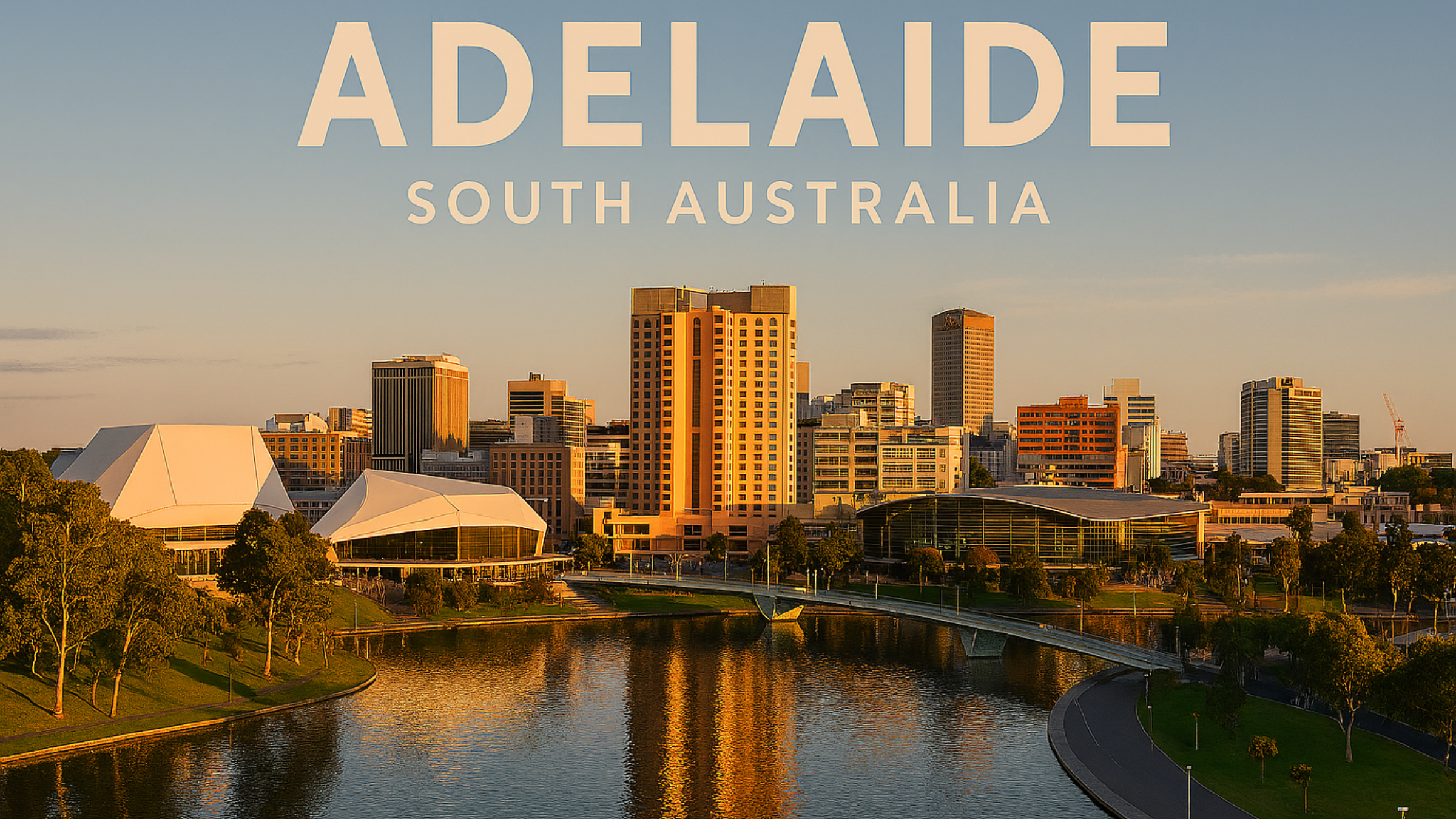 The image shows a skyline view of Adelaide, the capital city of South Australia.