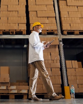 Man standing in front of large wall storage filled with boxes.
