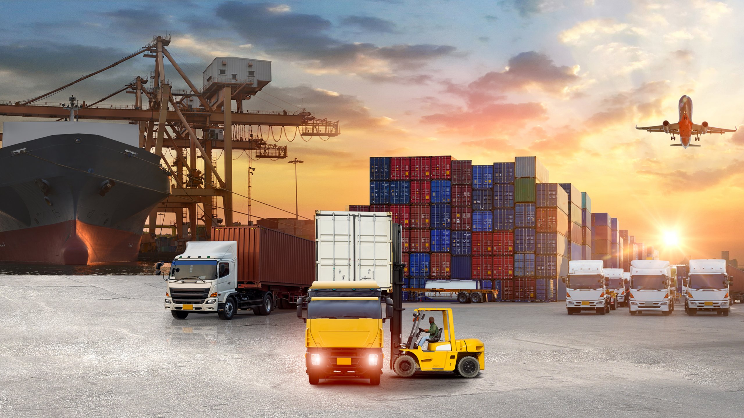 Trucks, ships, and other supply chain methods lined up.