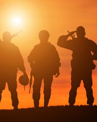 silhouette of solider saluting against sunrise