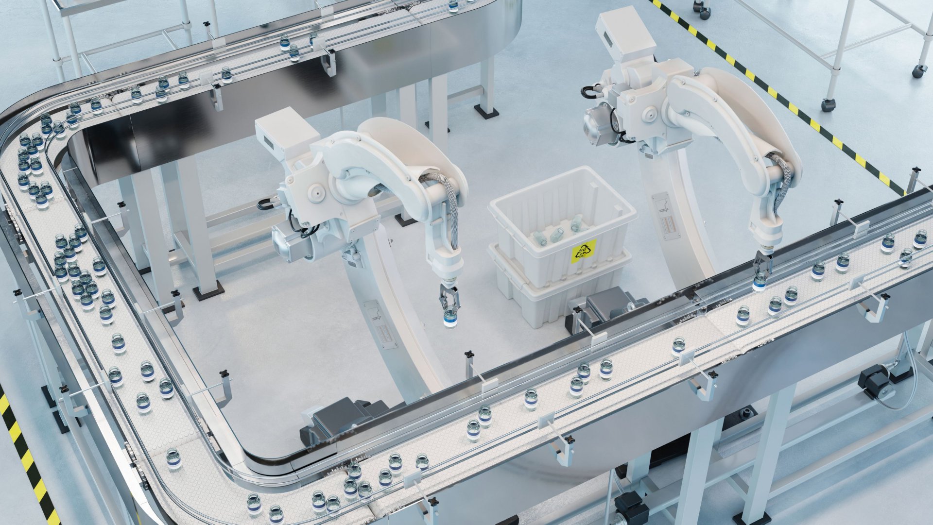 Aeriel view of automated conveyor belt with robotic arms in medicine factory in 3D