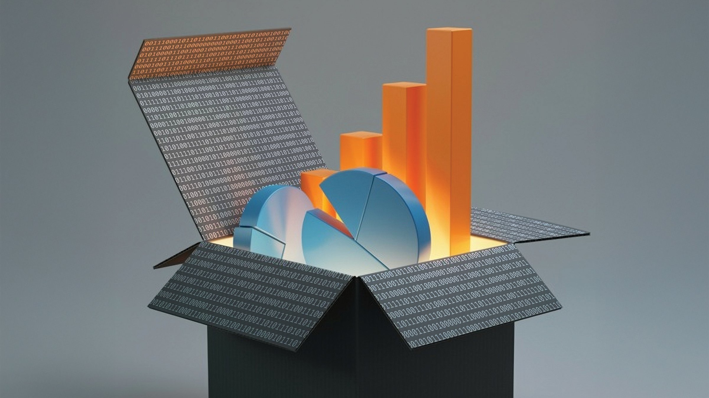 AI-generated image of partially open black cardboard box with blue 3D pie charts and an orange bar chart with light shining from the bottom.