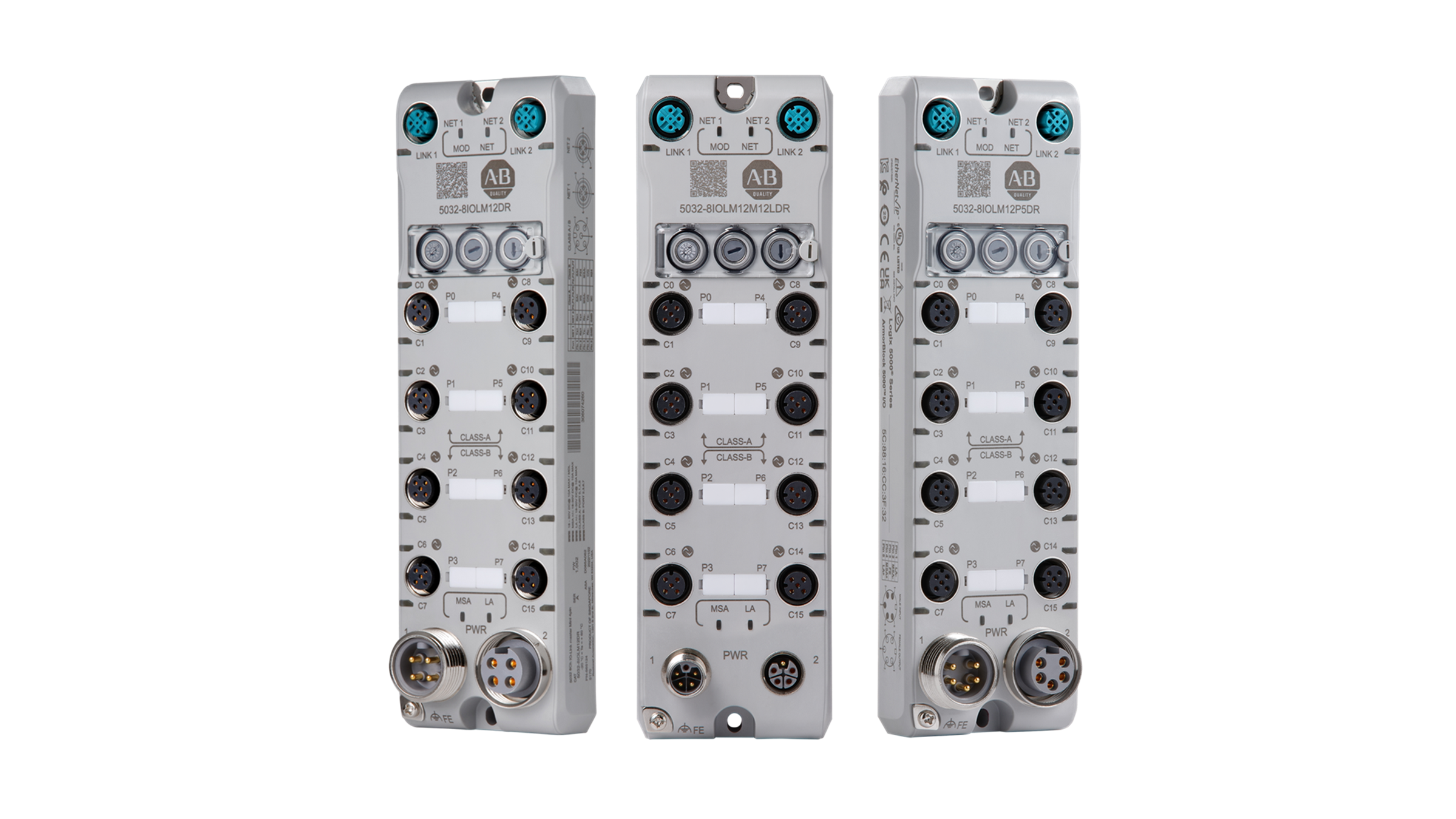 Allen-Bradley ArmorBlock 5000 IO-Link master blocks with three power variants, Mini 4-pin, L-coded and Mini 5-pin, which are positioned from left to right. 