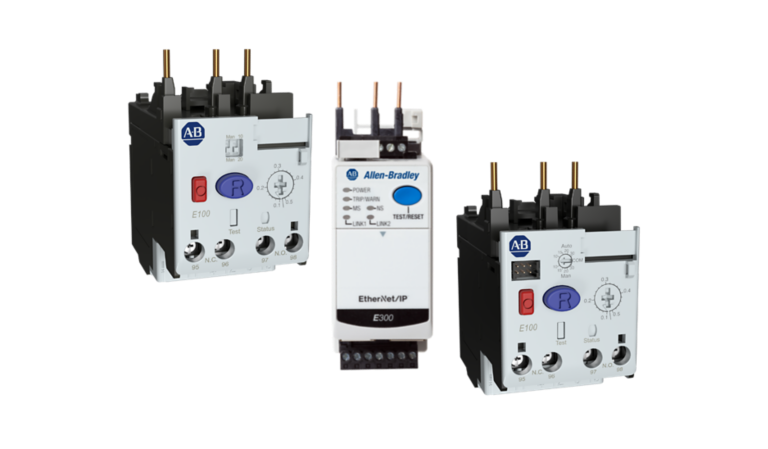 Family image of three components in the circuit and load protection portfolio. From left to right; one E100 Electronic Overload Relay, one E300 Electronic Overload Relay, and one E100 Electronic Overload Relay