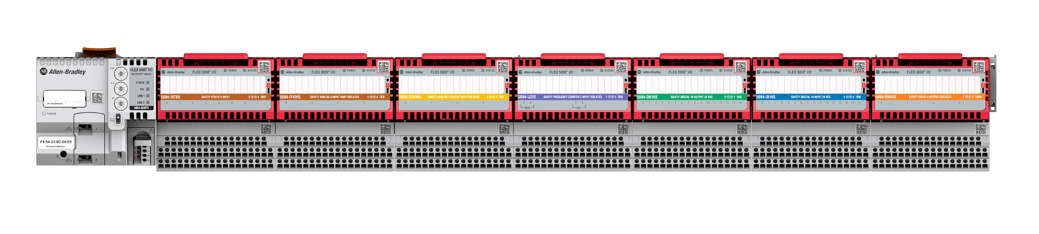 Front view of Allen-Bradley FLEX 5000 I/O rack with an adapter and seven safety I/O modules