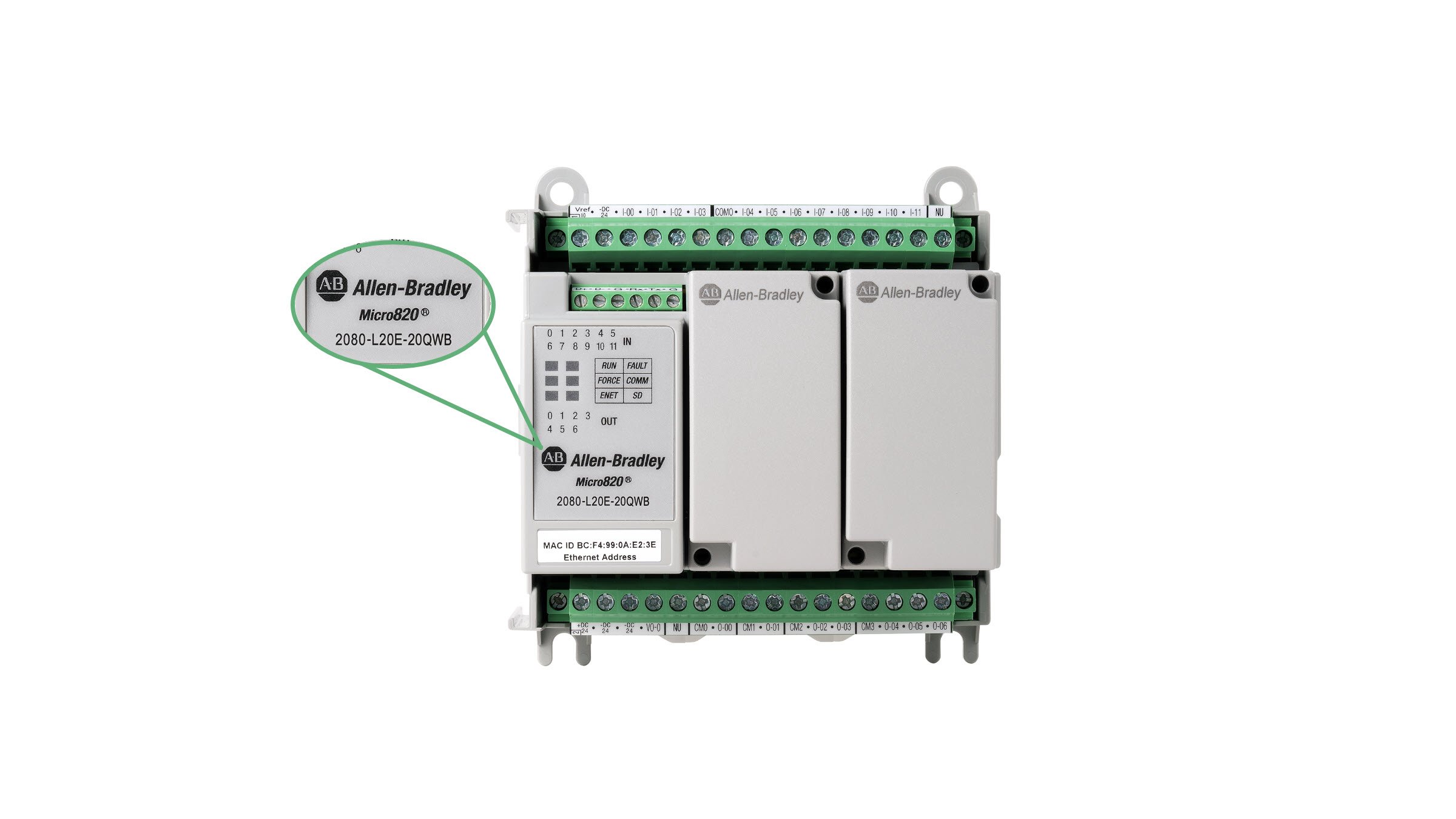 Front view of MIcro820 2080-L20E controller with pop-out window of catalog number