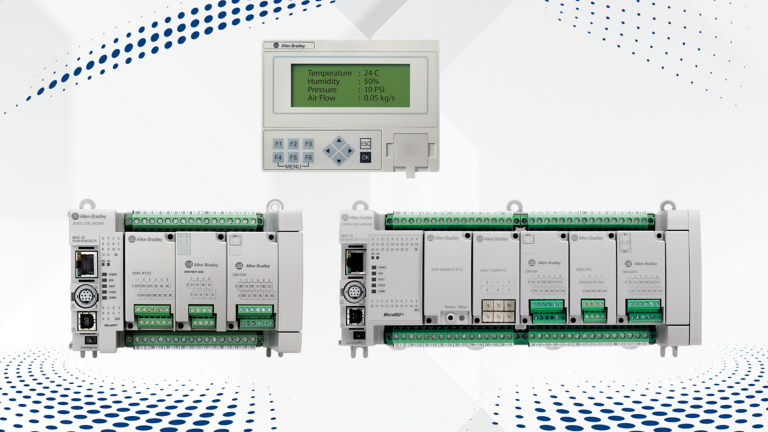 Front-facing view of Allen-Bradley Micro800 Remote LCD display, MIcro850 controller and MIcro870 Lx0E controller from top to bottom, left to right