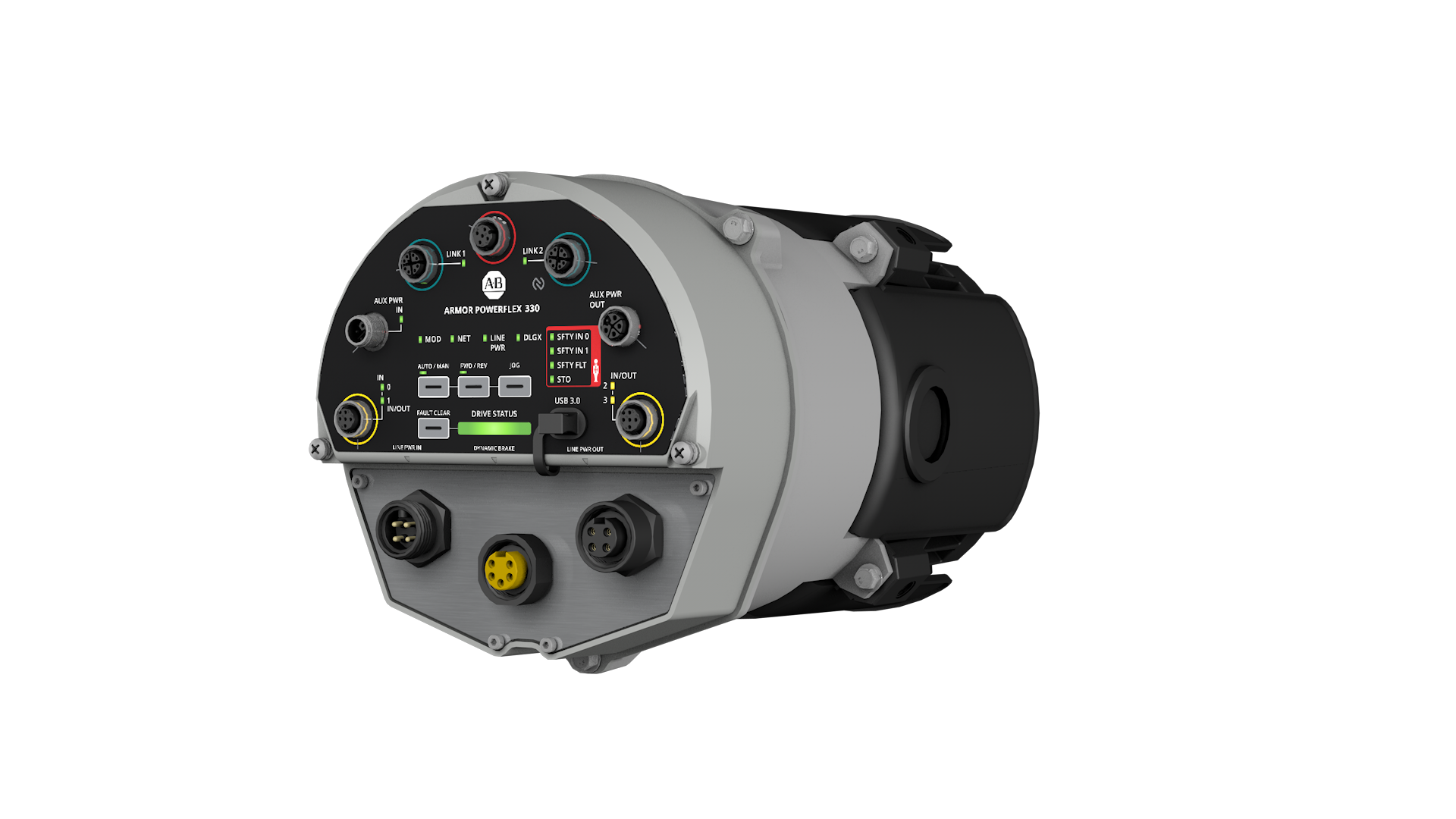 An angled image facing left of the Allen-Bradley Armor PowerFlex 330 drive motor