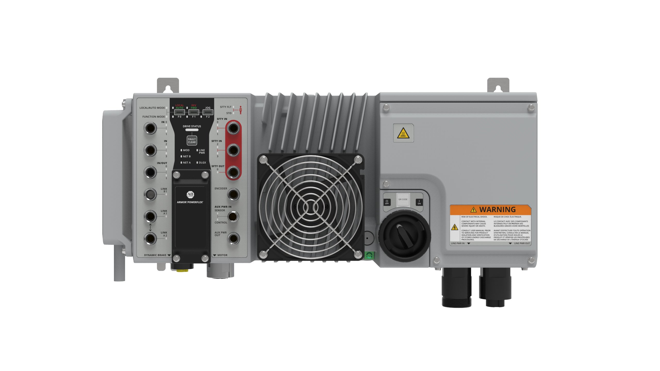Horizonal view of an Armor PowerFlex Drive. It is gray in color with black text. There are several input holes on the left side. There is a fan in the middle. A round knob sits on the right side.