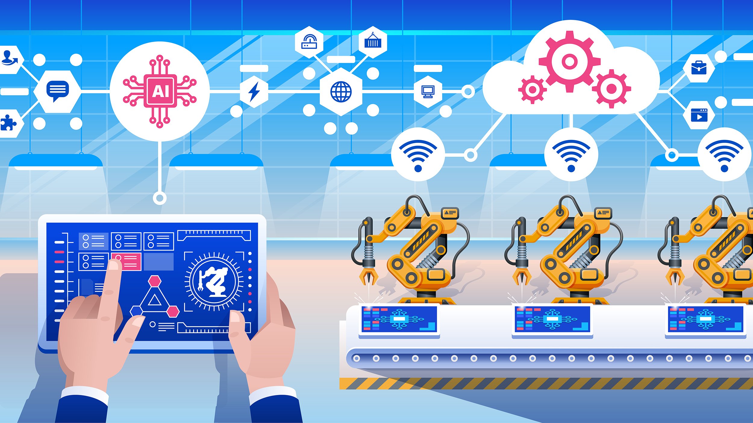 Smart industry 4.0 infographic. Man connecting with a factory using tablet and exchanging data with a neural network. Artificial intelligence. Vector illustration.