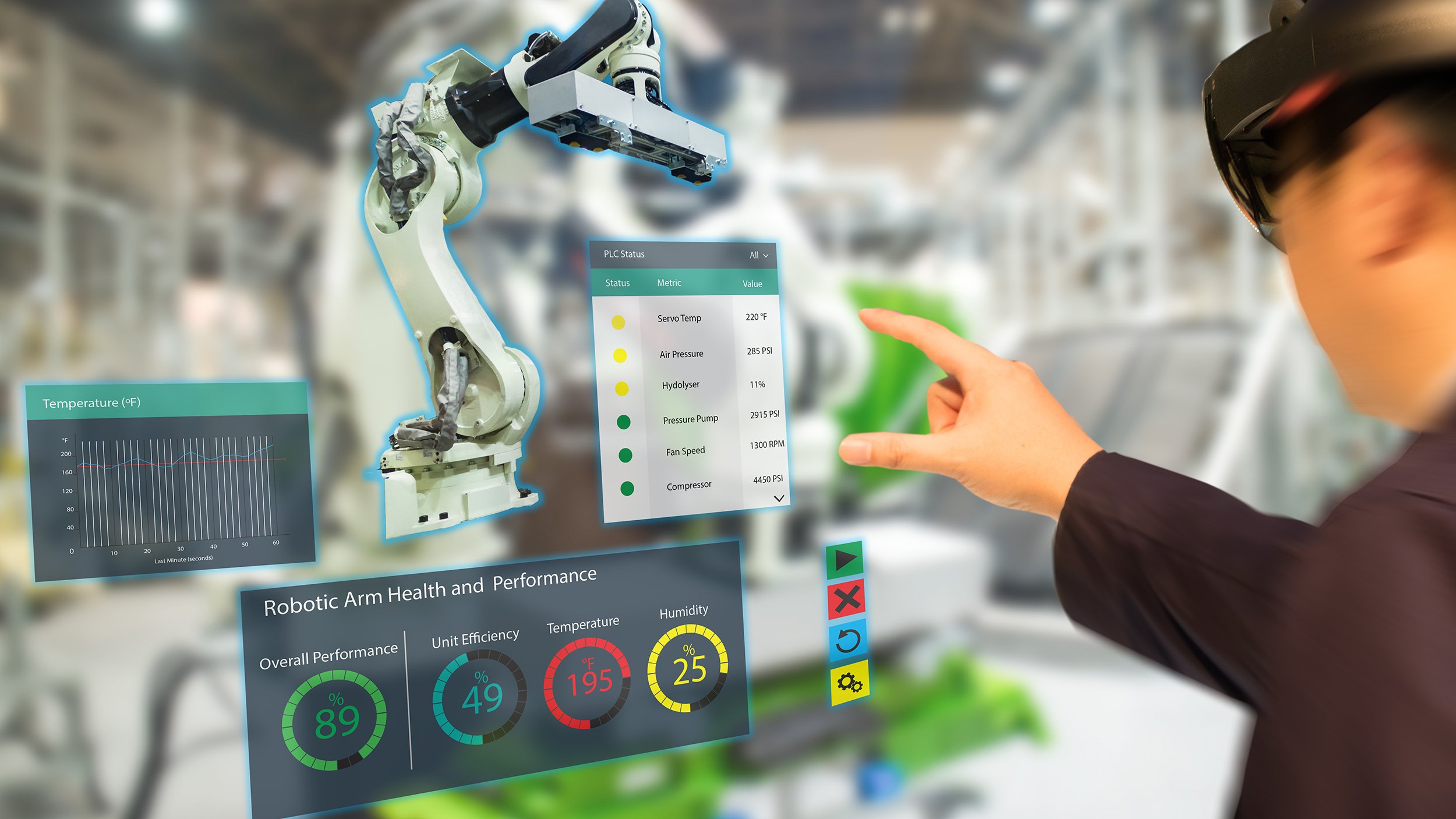 iot industry 4.0 concept,industrial engineer(blurred) using smart glasses with augmented mixed with virtual reality technology to monitoring machine in real time.Smart factory use Automation robot arm