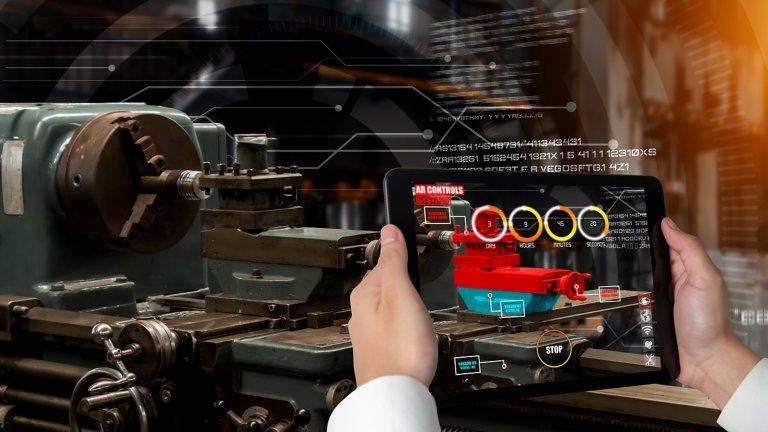 Engineer use augmented reality software in smart factory production line with automated application