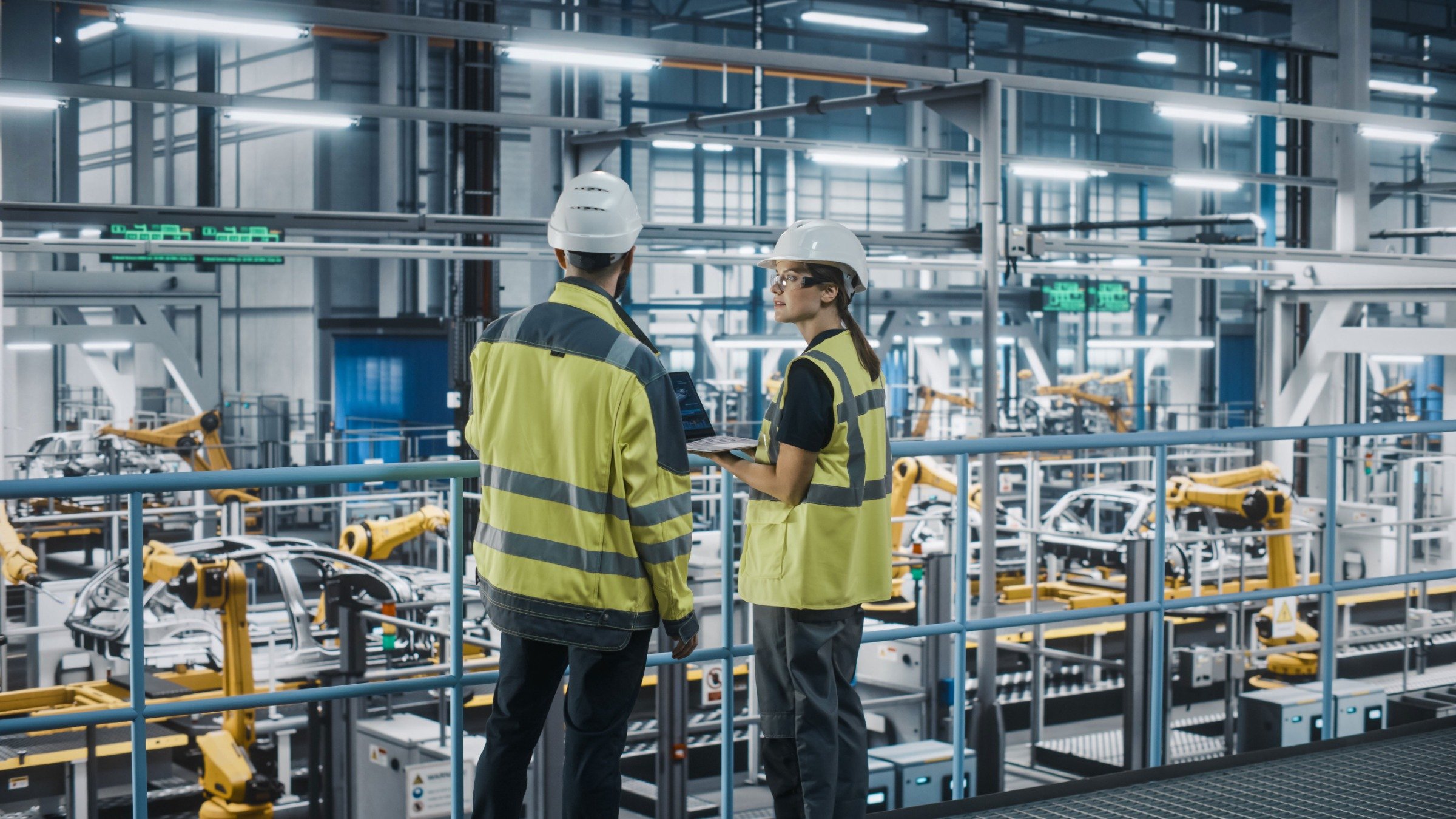 Engineers overseeing an automated auto manufacturing production line in a smart factory.