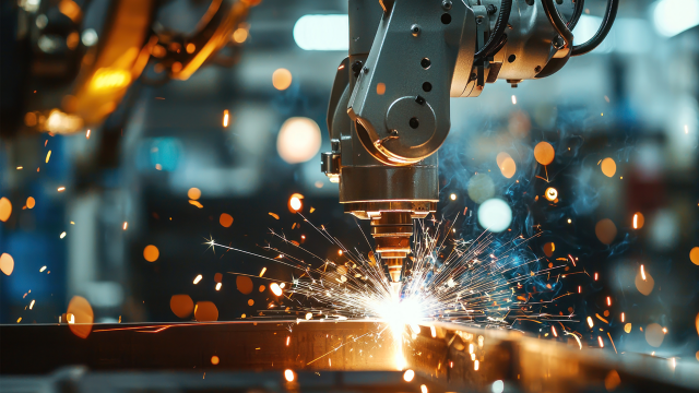 Industrial robotic arm performing an automated welding process.