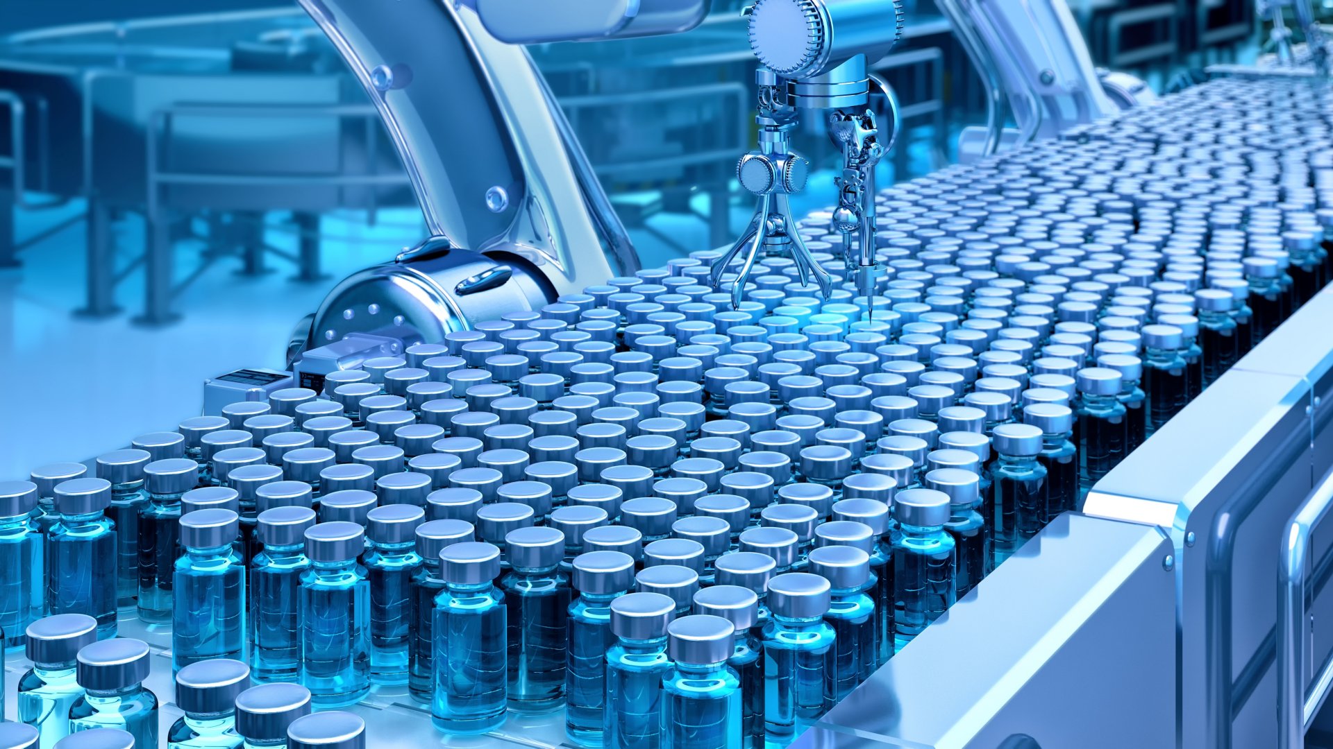 Automated pharmaceutical production line. Robotic arms handling vials, ampoules in a modern cleanroom. Manufacturing of injectable drugs, vaccines. High-tech pharmaceutical industry, healthcare 3D illustration