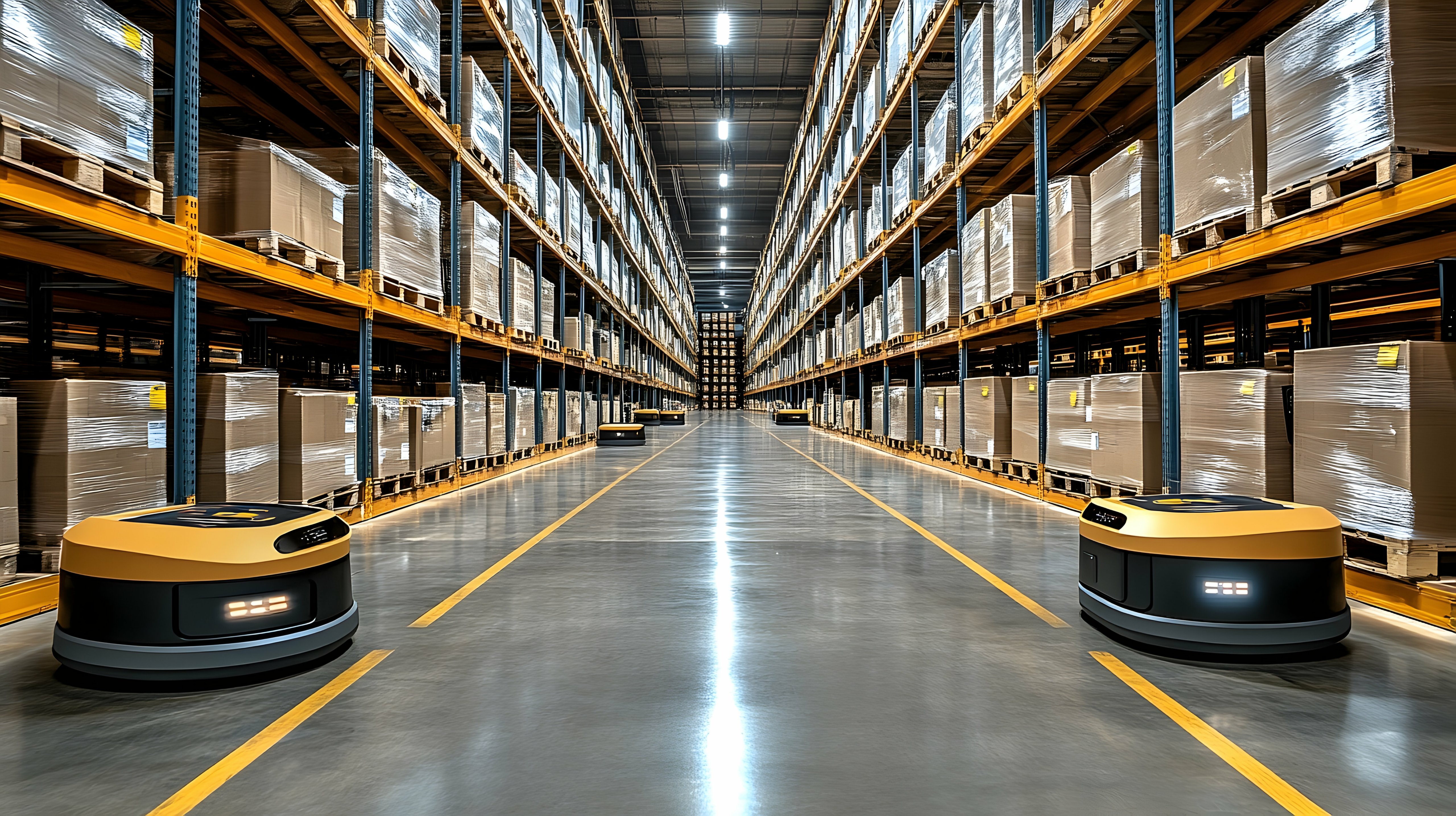 Automated warehouse with rows of shelves stocked with cardboard boxes and two autonomous robots navigating the aisle