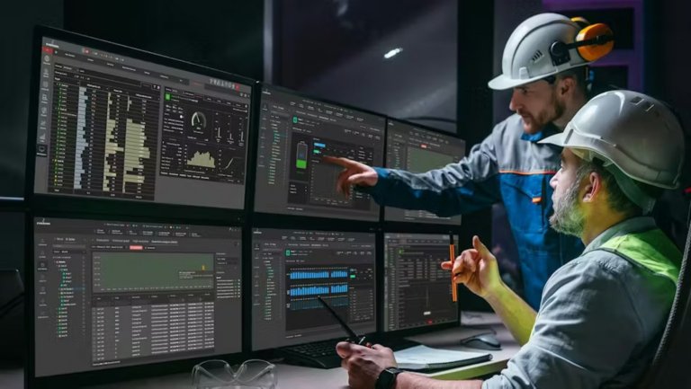 Two men in hardhats sitting in front of six computer monitors analyzing data
