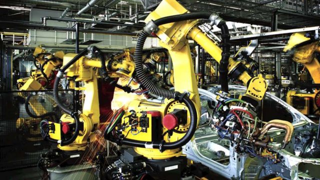 automotive robot welders working on autobody