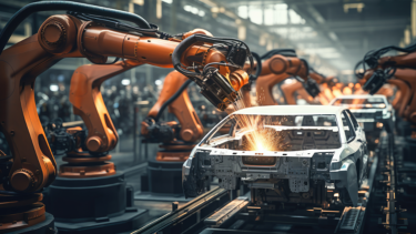 Autonomous robot factory produces vehicles cars bodies in a big hall on long production line