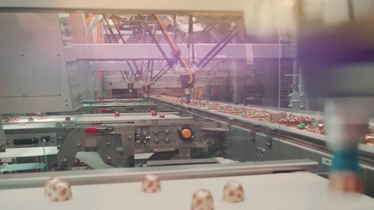 The inside of a machine where four autonox Robotics delta robots are picking up individually wrapped chocolates and placing them in packages on a central conveyor.