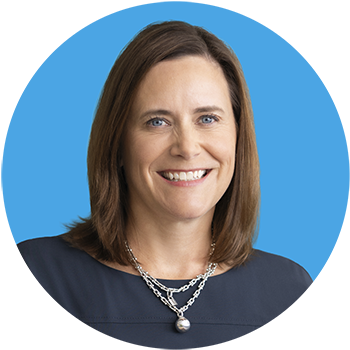 Headshot of Becky House on blue circle background