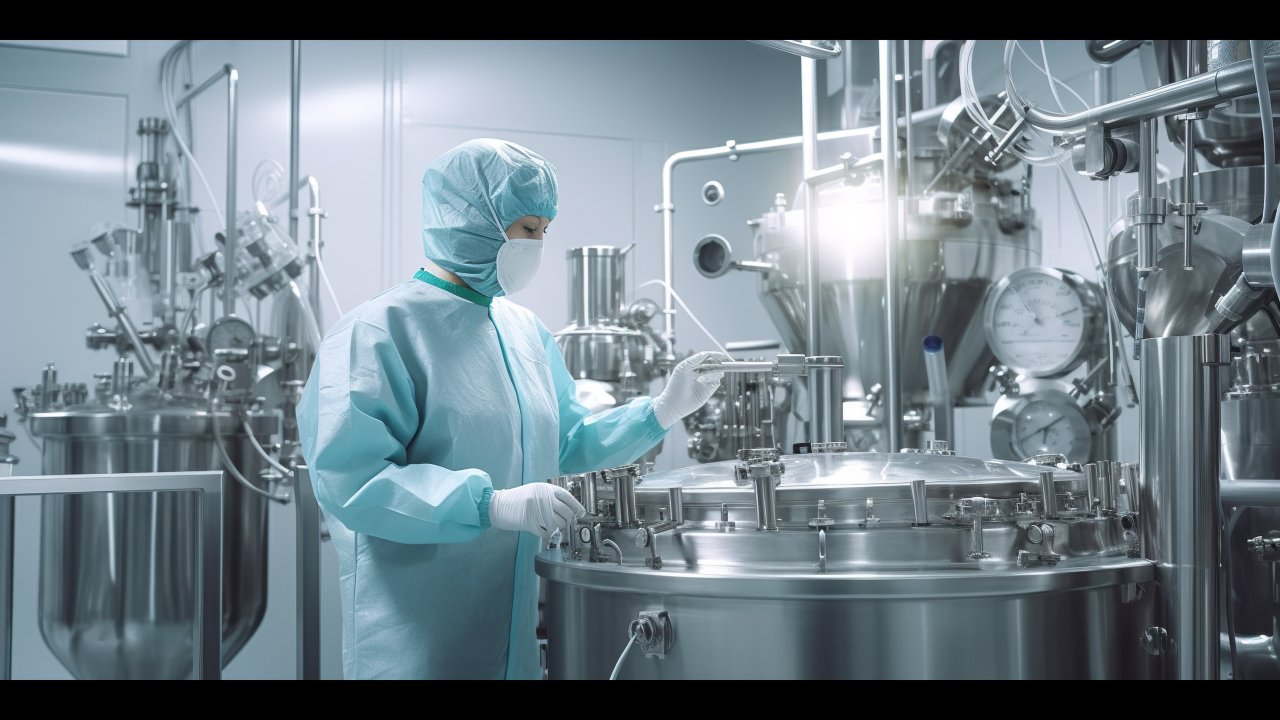 Biotechnology production facility, pharma. Clean production room with worker in protective suit.