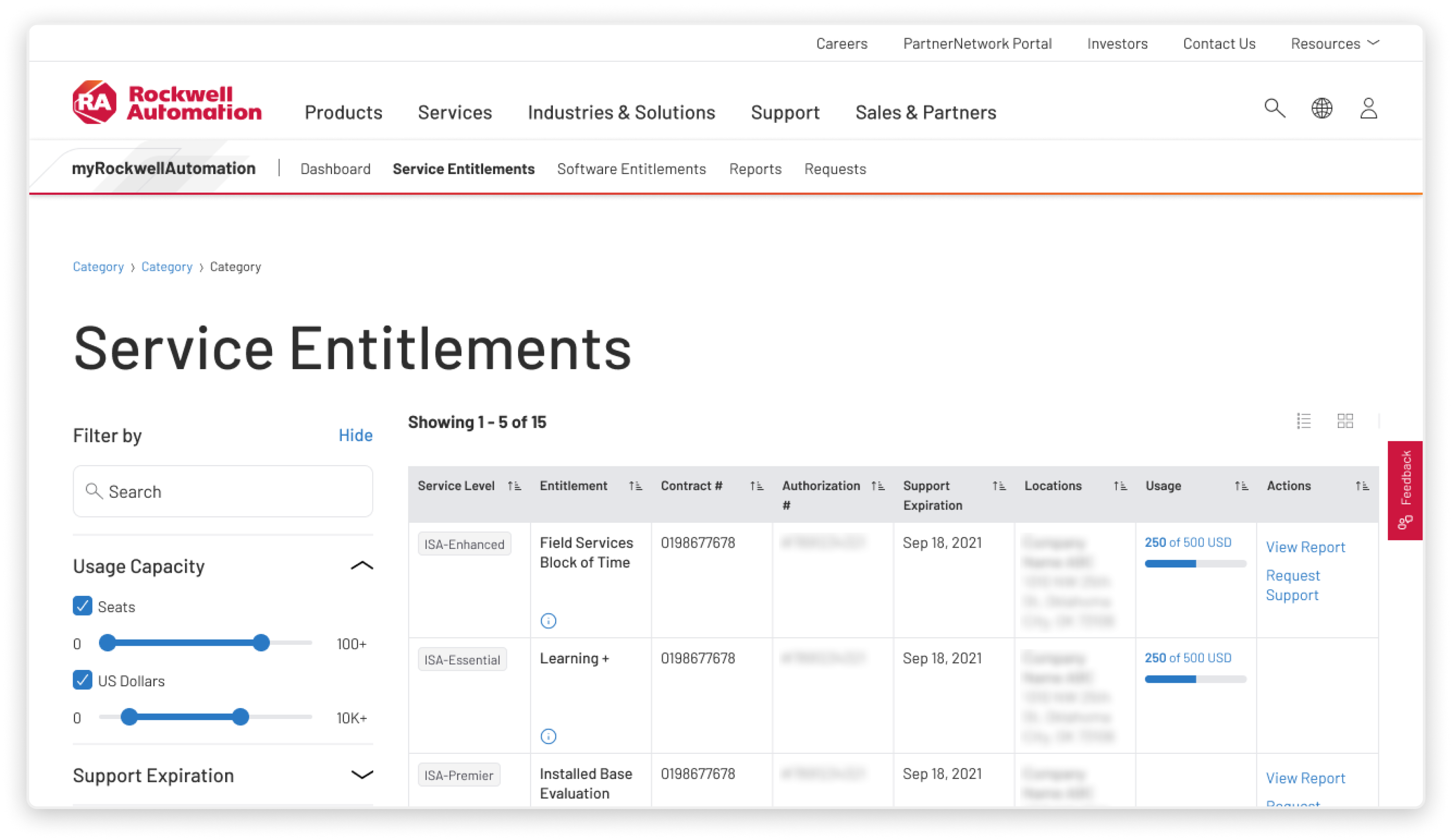 myRockwellAutomation Service Entitlements screenshot 