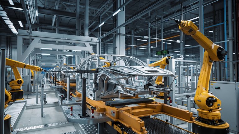 Car Factory 3D Concept: Automated Robot Arm Assembly Line Manufacturing High-Tech Green Energy Electric Vehicles. Automatic Construction, Building, Welding Industrial Production Conveyor
