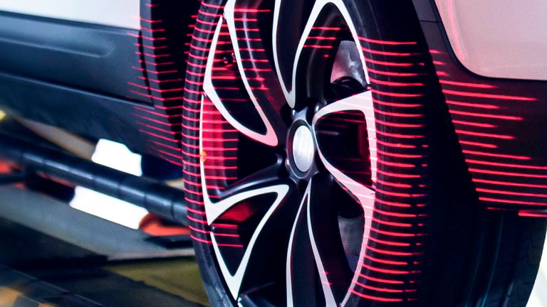 Close-up of a digital tire on a car