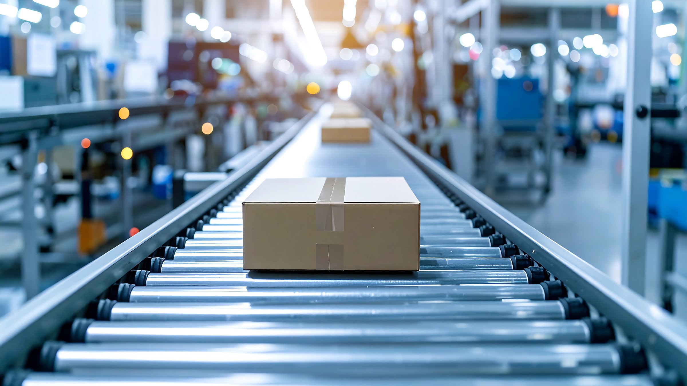 Cardboard box moving along a conveyor belt in a factory or warehouse setting.