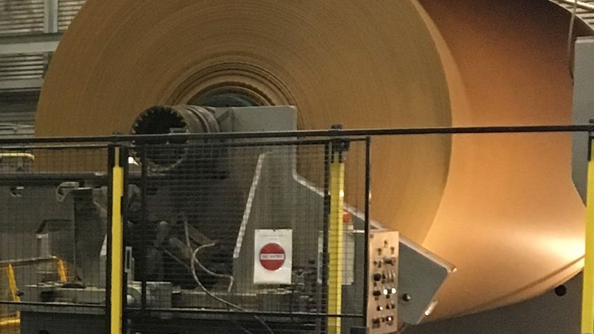 The paper machine produces a ‘jumbo roll’ that is 3.2m in diameter by approximately 5.5m long.