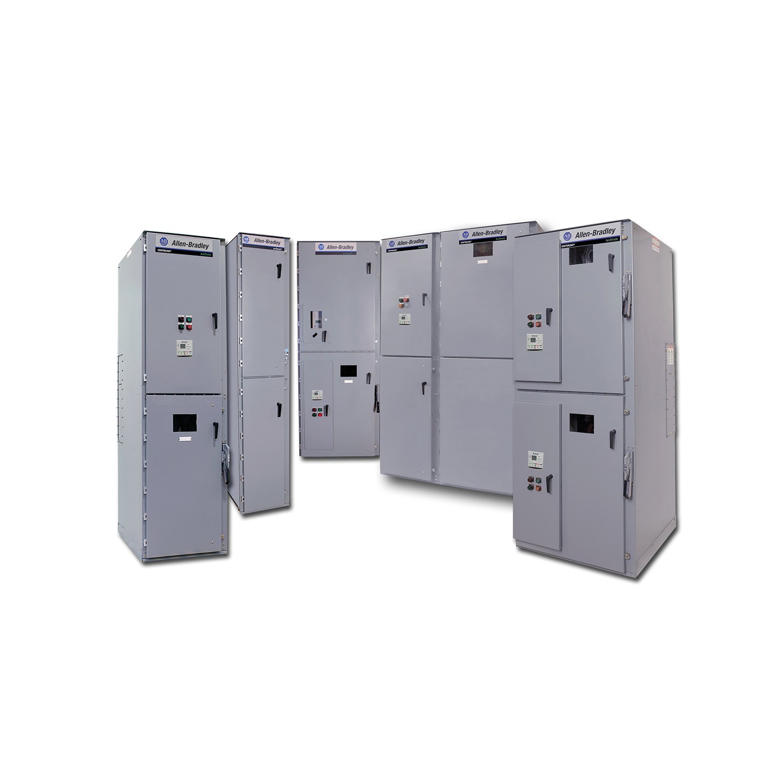 A group of six tall, gray, metal cabinets house CENTERLINE 1500 motor control centers.