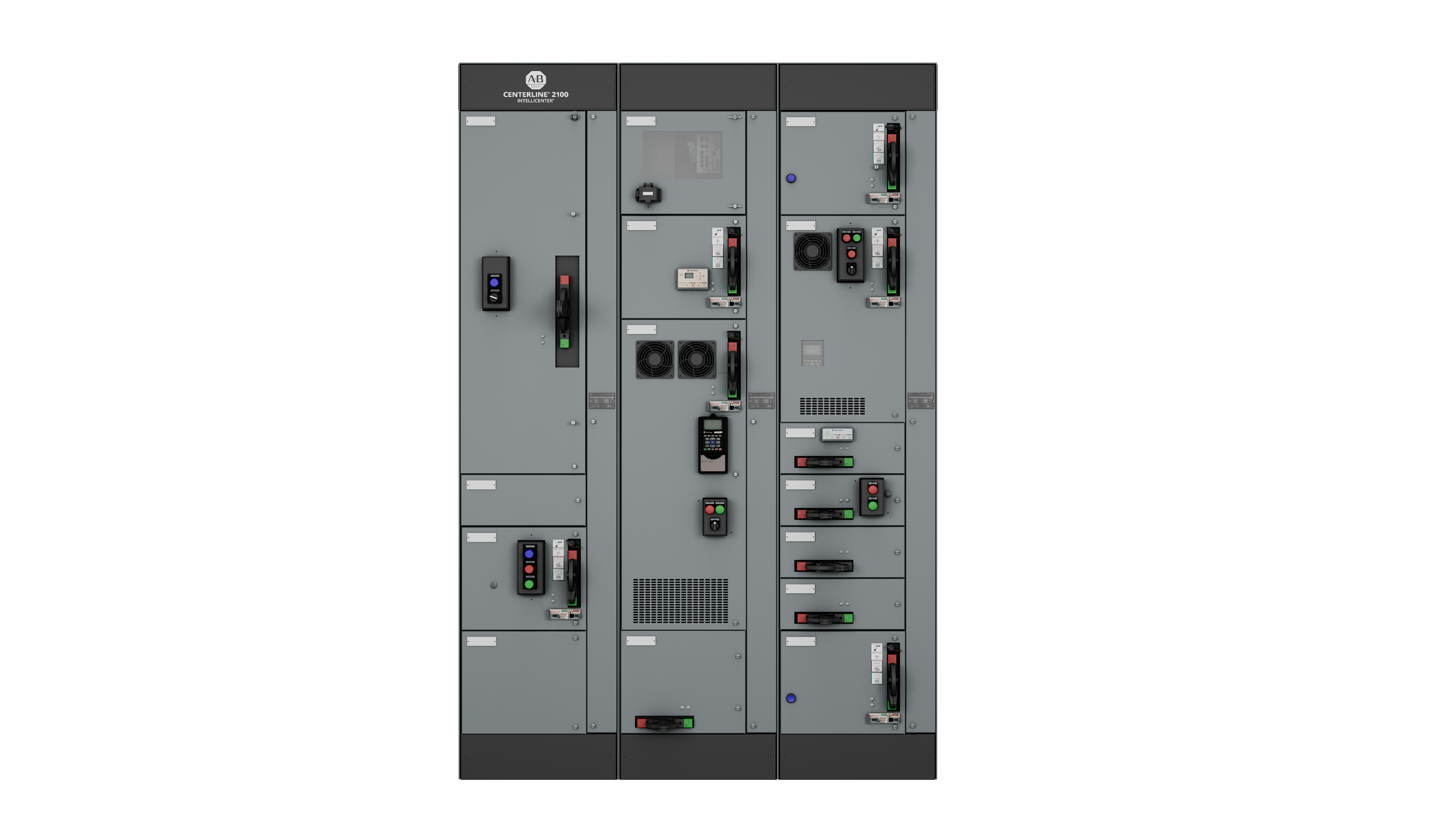 A tall metal industrial cabinet houses electrical components for factory motor control